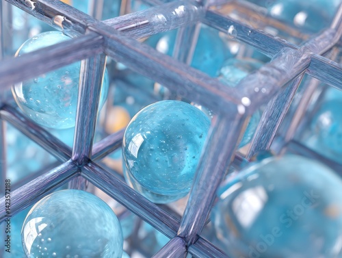 Obraz na płótnie Geometric structure of translucent blue spheres inside a light framework. Abstract, cool, and aesthetically pleasing design. w salonie
