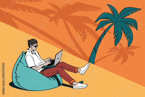 Relaxed man chilling on a beanbag chair, using a laptop, peaceful home office atmosphere.  Vector illustration needed.