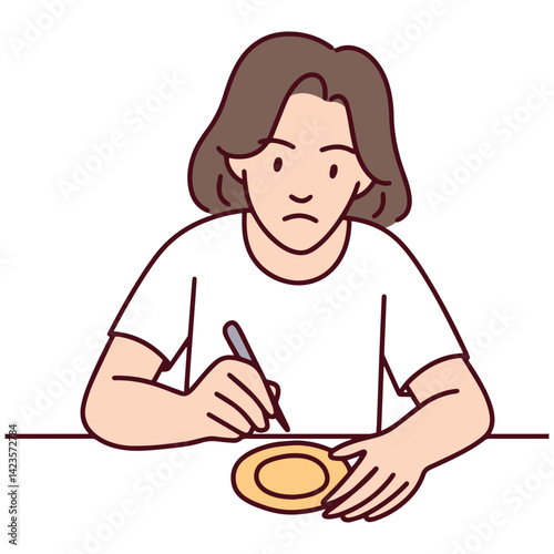 Girl focusing on carving Dalgona candy with a needle during the challenge, intense concentration and calm mood