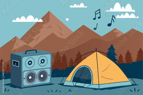 Create a vector illustration of relaxing music emanating from a speaker placed near a majestic mountain range, conveying a serene and peaceful atmosphere.