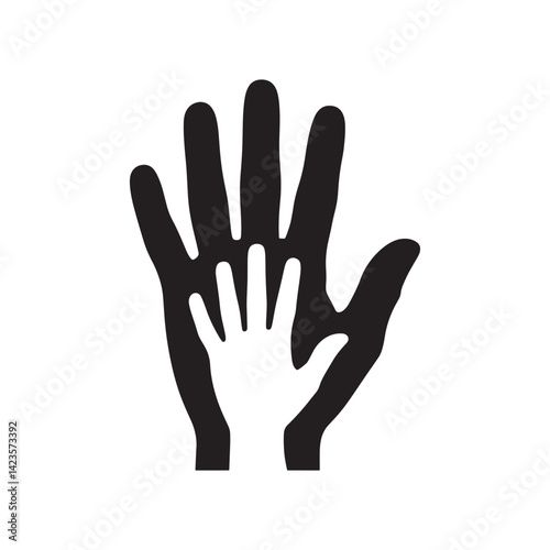 Black Silhouette of a Large Hand Holding a Smaller Hand Icon Representing Care, Protection, and Support for Parenting, Editable Vector Illustration Isolated on a White Background