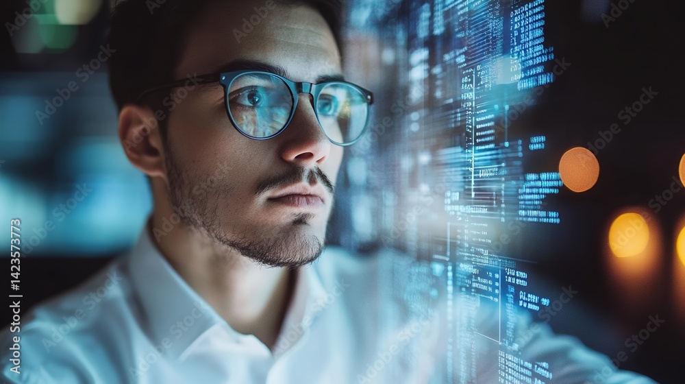 Man Analyzing Digital Data Streams with Focused Expression in Technology Setting Man Analyzing Digital Data Streams with Focused Expression in Technology Setting
