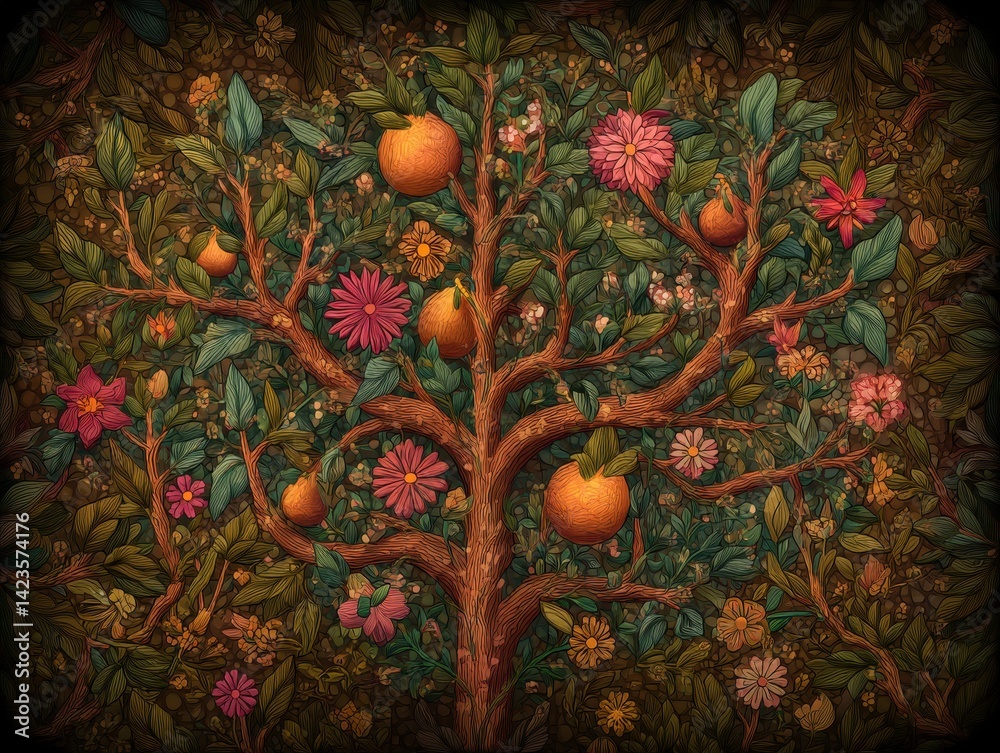 Detailed, whimsical tree illustration with fruit and flowers. Intricate line-work gives the art an animated feel, set against a nature background.