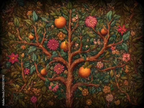 Obraz na płótnie Detailed, whimsical tree illustration with fruit and flowers. Intricate line-work gives the art an animated feel, set against a nature background. w salonie