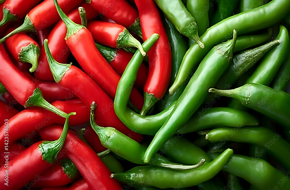 A vibrant arrangement of fresh red and green chili peppers, showcasing their varying shapes and sizes. Perfect for culinary and food-related projects. A vibrant arrangement of fresh red and green chili peppers, showcasing their varying shapes and sizes. Perfect for culinary and food-related projects.