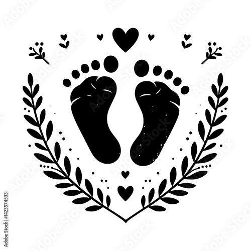Footprints, black and white illustration 