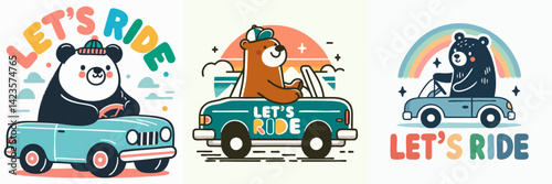 cool bear illustration riding classic motorbike with t-shirt design