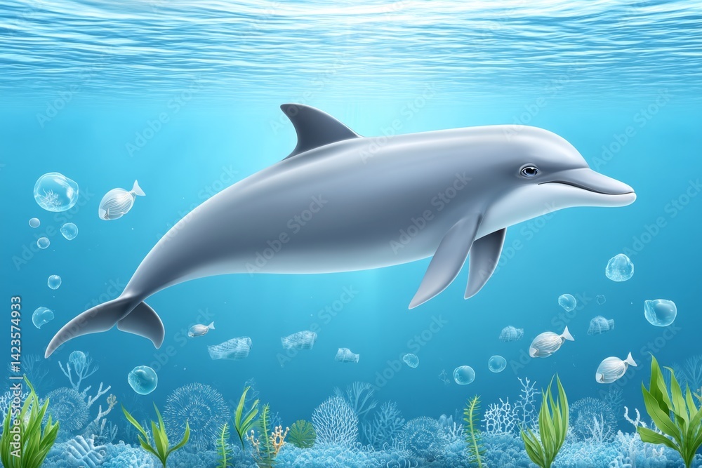 Fototapeta premium A dolphin swimming freely in a clean, plastic-free sea