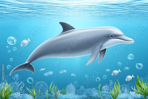 A dolphin swimming freely in a clean, plastic-free sea