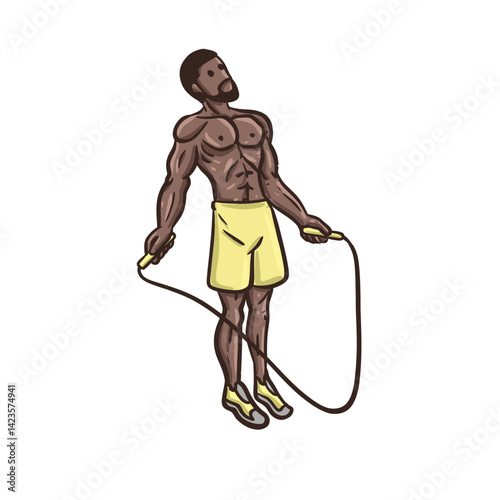crossfit themed illustration of muscular man doing rope jumping on white background
