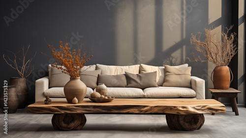 Interior design concept in authentic natural style using natural elements.	
