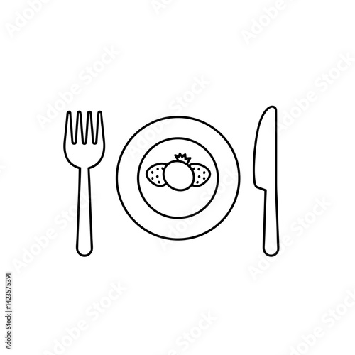 Plate with strawberries, fork and knife icon on a clean white background