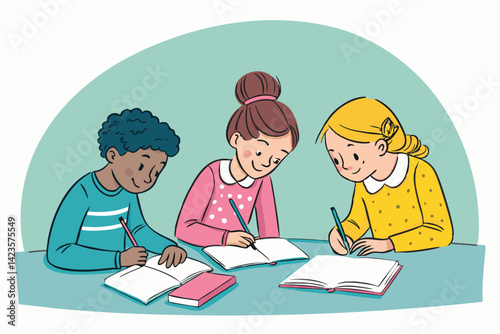 Illustrative vector art of diverse children collaboratively working on homework together, showing teamwork and engagement.