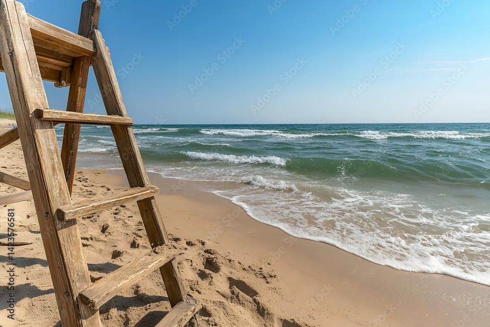 Wooden ladder on sandy beach overlooking calm ocean waves under clear blue sky Wooden ladder on sandy beach overlooking calm ocean waves under clear blue sky