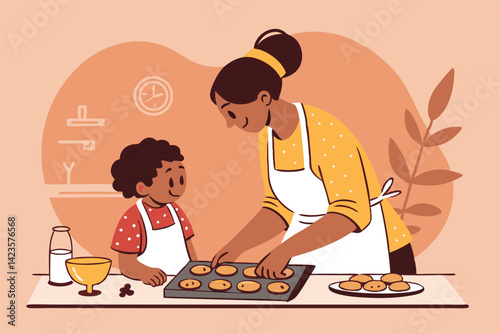 A heartwarming vector illustration of a mother and child joyfully baking cookies together in a cozy kitchen.  Focus on the bonding experience.