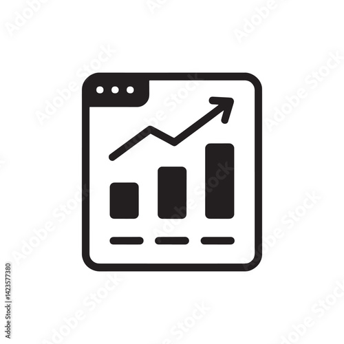 Black and White Web Page Growth Chart Icon Featuring a Bar Graph and Upward Arrow Representing Business Analytics, Data Visualization, Editable Vector Illustration Isolated on a White Background
