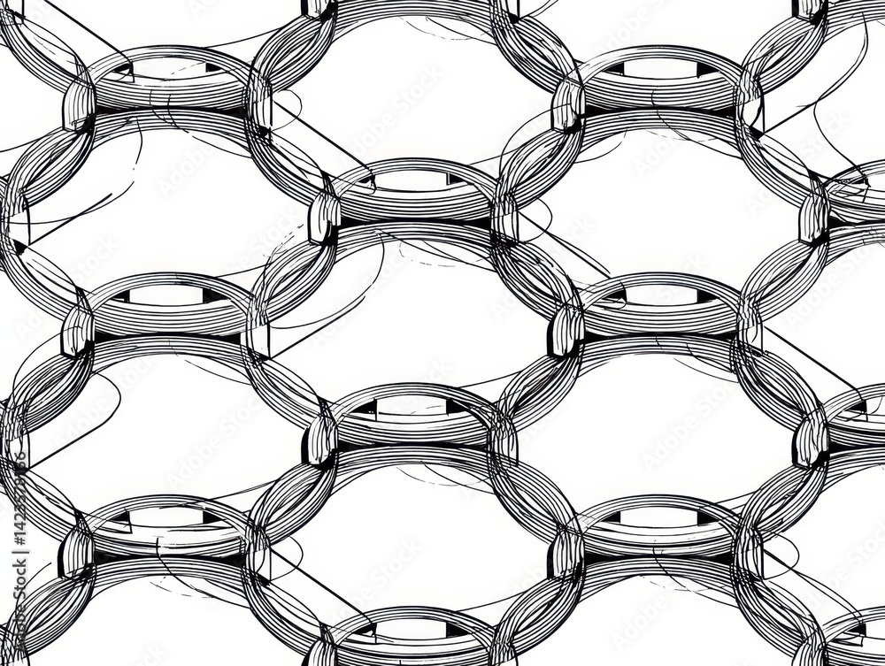 Intricate black and white abstract pattern featuring interconnected geometric shapes and lines, creating a visually dynamic arrangement.