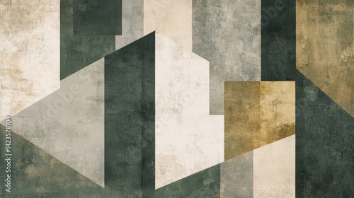 Silk-like wallpaper with subdued cubist tones and abstract shape overlay
