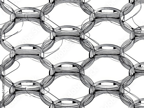 Obraz na płótnie Intricate black and white abstract pattern featuring interconnected geometric shapes and lines, creating a visually dynamic arrangement. w salonie