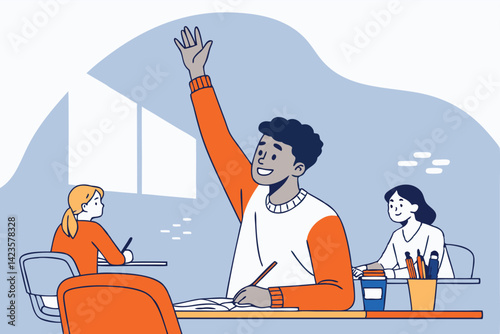 Create a vibrant vector illustration of a diverse student enthusiastically raising their hand in a classroom setting, conveying eagerness to participate.