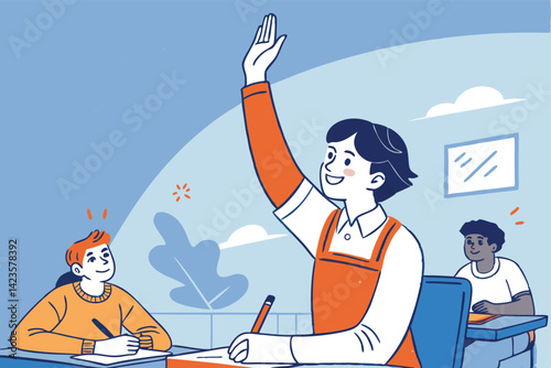 Create a vector illustration of a student enthusiastically raising their hand in a classroom setting.  Show excitement and eagerness to participate.