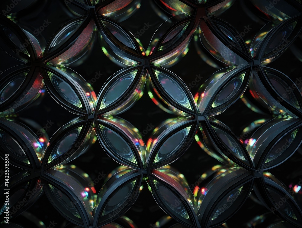 Abstract illuminated geometric pattern of intersecting floral shapes, with refractions of light creating a mesmerizing visual effect.