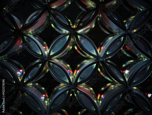 Obraz na płótnie Abstract illuminated geometric pattern of intersecting floral shapes, with refractions of light creating a mesmerizing visual effect. w salonie