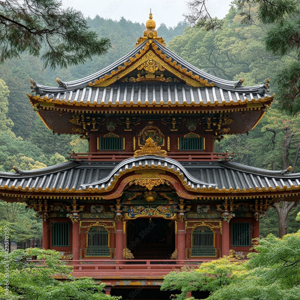 Obraz premium Intricate Japanese Temple Roof with Golden Detailing