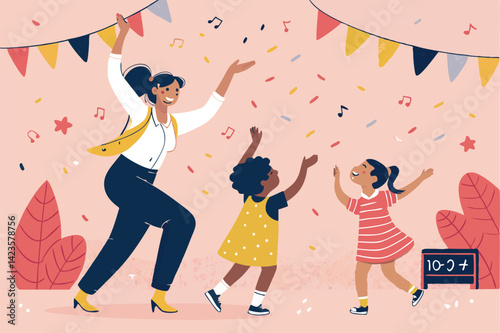 A joyful vector illustration of a teacher exuberantly dancing with a diverse group of happy children in a bright, colorful classroom.