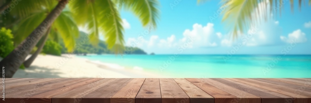 Fototapeta premium Relaxing tropical beach scene, empty wooden table Perfect for summer product display , seashore, tropical paradise, background