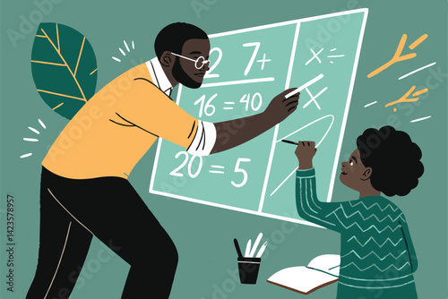 A friendly teacher patiently guides a student through a complex math problem, using a whiteboard or notebook.  Illustrative vector art style.