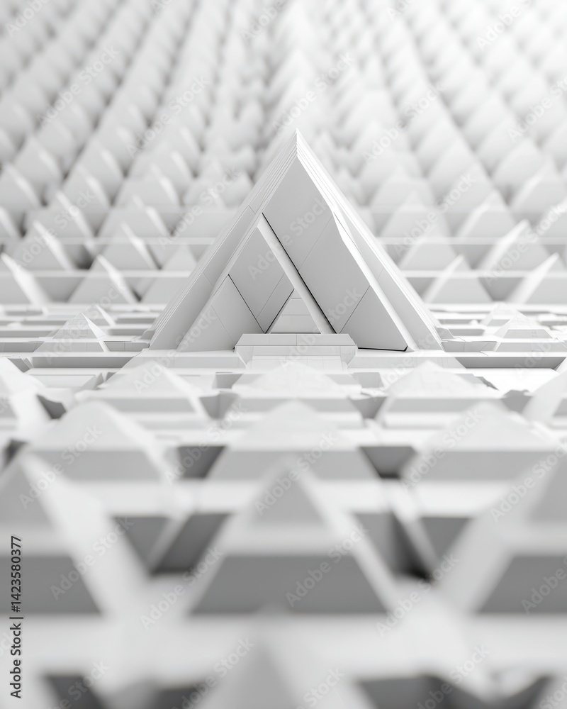 Abstract white geometric pattern with pyramid structure in the center. Architectural design with triangles and repetitive forms.