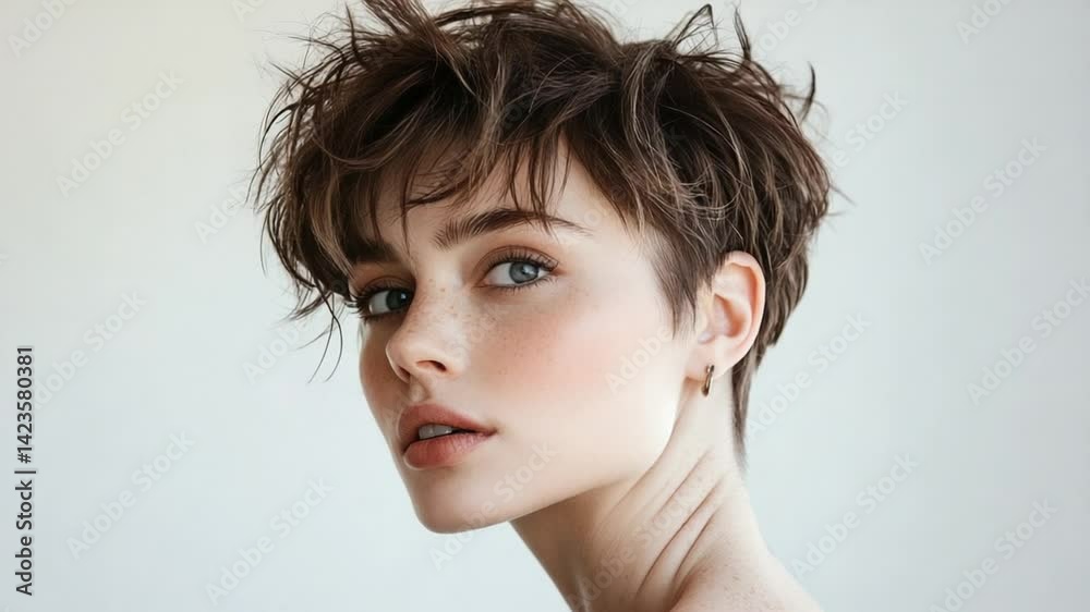 Portrait of a confident young woman with short brown hair and freckles looking at camera Portrait of a confident young woman with short brown hair and freckles looking at camera
