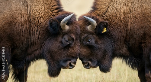 Two european bison locked in a head-to-head display of strength in a field