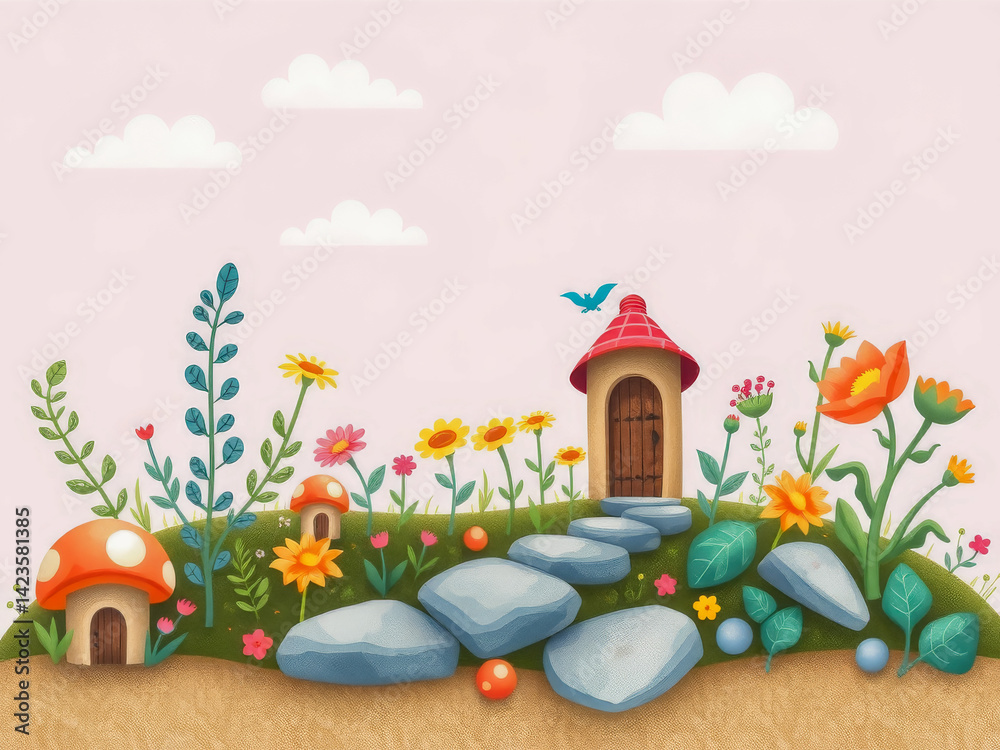 A colorful garden with a house and a path. The house is red and has a door. The flowers are in various colors and sizes. The sky is cloudy