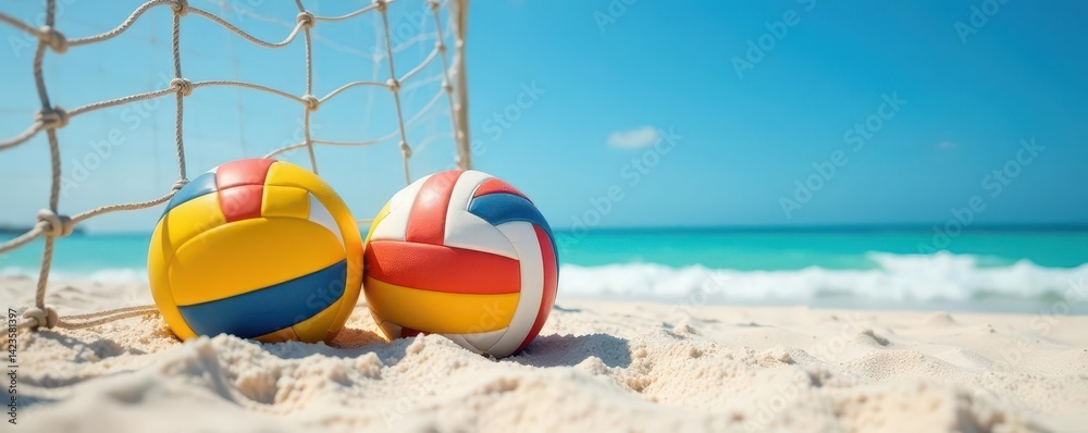 Obraz premium Two volleyballs on beach sand near net, blue sky, horizon, morning, landscape