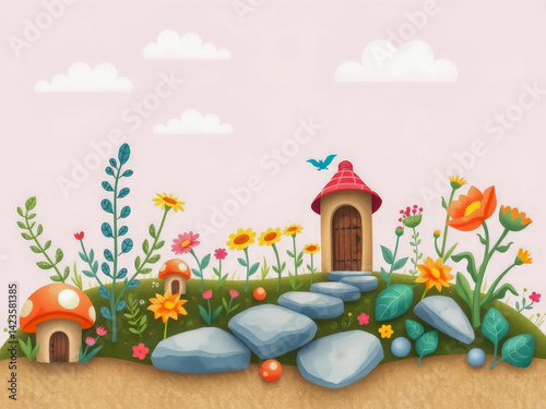 Obraz na płótnie A colorful garden with a house and a path. The house is red and has a door. The flowers are in various colors and sizes. The sky is cloudy w salonie