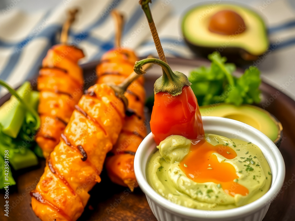 A plate of food with three pieces of food on it and a bowl of guacamole.