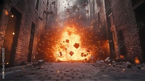 Powerful Explosion in Urban Alleyway with Bricks and Debris Flying
