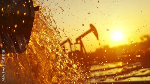 Oil Well Pumping with Fluid Splash at Sunset Energy Production Scene