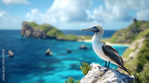 Blue Footed Booby Standing on Rock Overlooking Turquoise Ocean Water