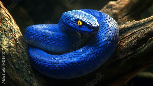 Coiled Blue Pit Viper Snake Resting on Tree Branch with Golden Eyes photo