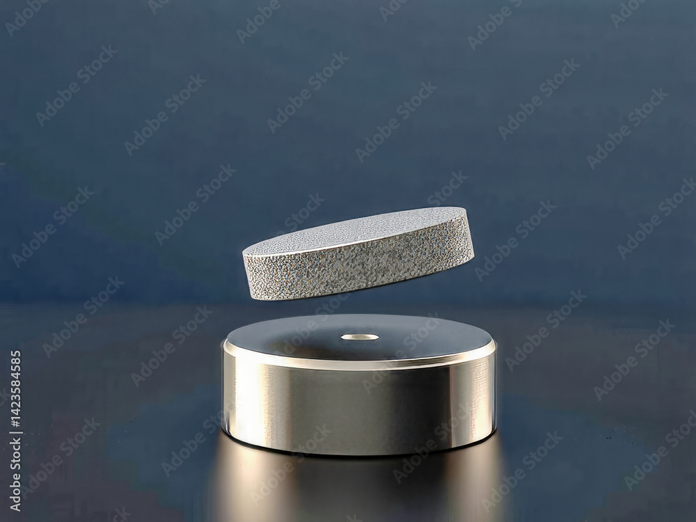 A silver object is floating in the air. The object is a small, round metal piece. The image has a futuristic feel to it, as if it were taken in a science fiction movie