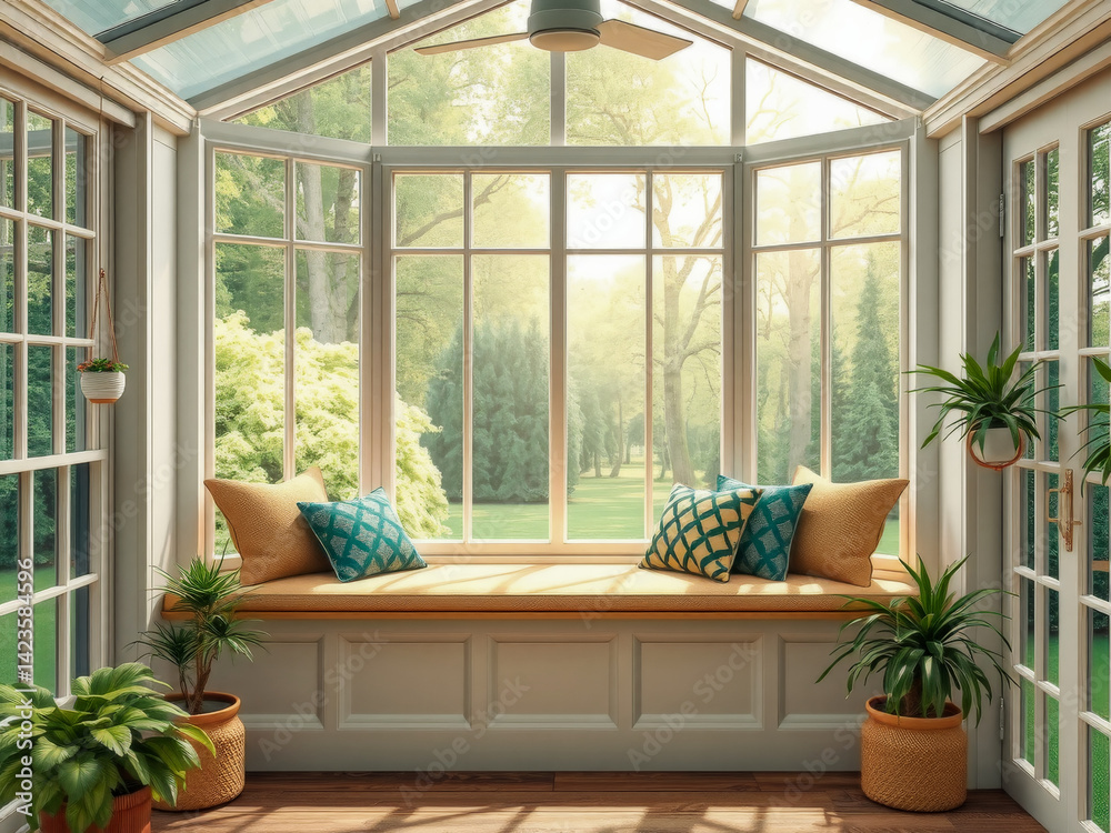 A large window with a bench and plants in front of it. The bench is covered with pillows and the plants are in pots. Scene is peaceful and relaxing