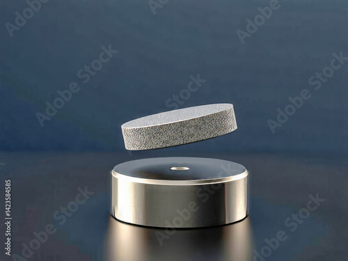 Obraz na płótnie A silver object is floating in the air. The object is a small, round metal piece. The image has a futuristic feel to it, as if it were taken in a science fiction movie w salonie