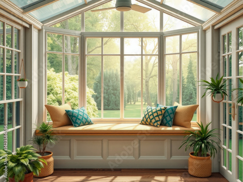 Obraz na płótnie A large window with a bench and plants in front of it. The bench is covered with pillows and the plants are in pots. Scene is peaceful and relaxing w salonie