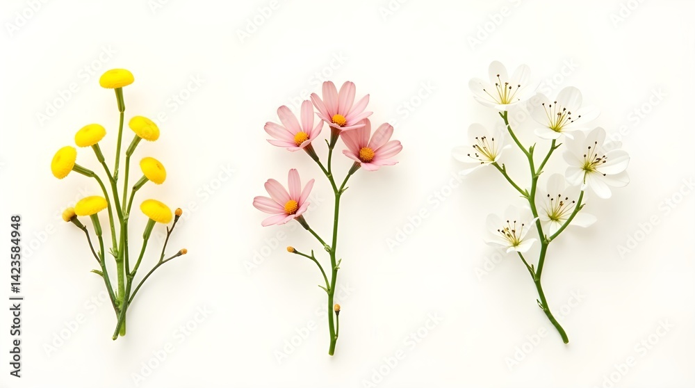 Obraz premium Small sprigs of white gypsophila, pink chamelaucium, and yellow berberis thunbergii flowers