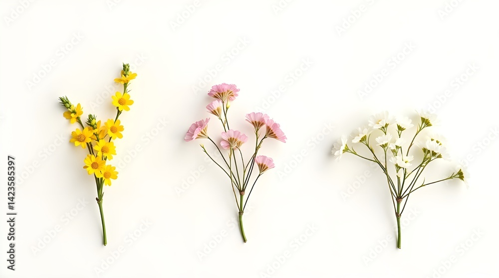 Obraz premium Small sprigs of white gypsophila, pink chamelaucium, and yellow berberis thunbergii flowers