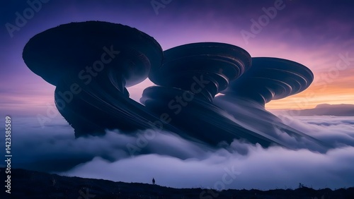A large, spiral-shaped structure is surrounded by a cloud of mist. The sky is a deep purple, and the sun is setting in the distance. Scene is mysterious and awe-inspiring