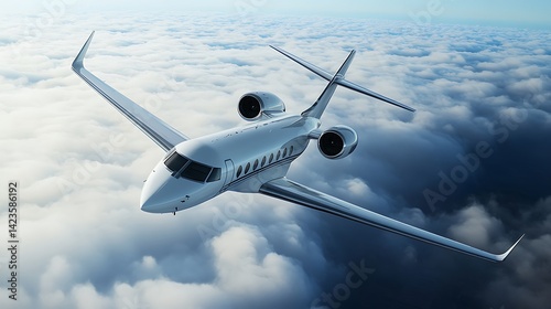 Flying Jet Over Clouds for Luxury Travel or Business Aviation Concept